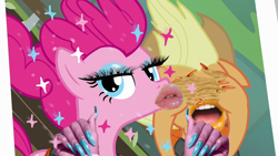 Size: 1280x720 | Tagged: safe, edit, edited screencap, imported from derpibooru, screencap, applejack, pinkie pie, pinkie apple pie, abomination, cursed image, eyelashes, lipgloss, lipstick, nails, periodt, selfie, sparkles, wat