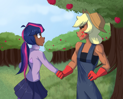 Size: 1983x1586 | Tagged: safe, artist:frostiwars, imported from derpibooru, applejack, twilight sparkle, human, apple, apple tree, dark skin, duo, female, food, handshake, humanized, tree