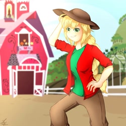Size: 1280x1280 | Tagged: safe, artist:milkshakecatowo789, imported from derpibooru, applejack, human, barn, clothes, female, hat, humanized, solo