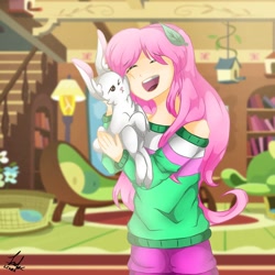 Size: 1280x1280 | Tagged: safe, artist:milkshakecatowo789, imported from derpibooru, angel bunny, fluttershy, human, rabbit, animal, female, fluttershy's cottage (interior), humanized, open mouth, solo