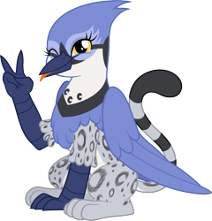 Size: 1215x1267 | Tagged: safe, artist:facelessjr, imported from derpibooru, oc, oc only, oc:gaela, bird, blue jay, griffon, derpibooru community collaboration, 2023 community collab, beak, cute, female, looking at you, one eye closed, peace sign, pose, posing for photo, raspberry, simple background, sitting, solo, tail, tongue out, transparent background, wink, winking at you