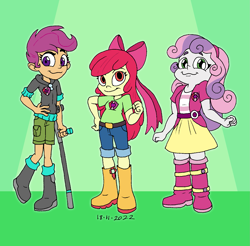 Size: 1731x1700 | Tagged: safe, artist:tmntsam, imported from derpibooru, apple bloom, scootaloo, sweetie belle, human, equestria girls, boots, clothes, cripple, cutie mark crusaders, denim, diverse body types, equestria girls toon, female, height difference, hoodie, jeans, pants, shoes, shorts, skirt, the cmc's cutie marks, trio, trio female