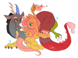 Size: 640x480 | Tagged: safe, artist:waackery, imported from derpibooru, discord, fluttershy, butterfly, draconequus, pegasus, pony, cup, discoshy, duo, duo male and female, female, food, heart, hoof hold, hug, looking at someone, looking at something, male, mare, shipping, simple background, smiling, spread wings, straight, tea, tea party, teacup, turned head, white background, wings