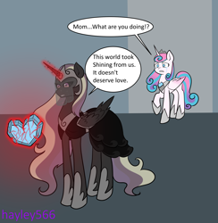 Size: 2448x2508 | Tagged: safe, artist:hayley566, imported from derpibooru, princess cadance, princess flurry heart, alicorn, pony, black sclera, corrupted, crying, crystal heart, duo, evil, female, glowing, glowing horn, heart, heart eyes, heartbreak, horn, implied death, implied shining armor, nightmare cadance, nightmarified, older, older flurry heart, this will end in tears, this will not end well, widow, wingding eyes, woobie
