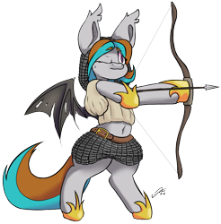 Size: 1671x1695 | Tagged: safe, artist:sleepy ray, imported from derpibooru, oc, oc only, oc:silver star, bat pony, pony, aiming, archery, armor, arrow, bat pony oc, bat wings, belly button, bipedal, blouse, bow (weapon), chainmail, female, mare, medieval, midriff, one eye closed, one eye open, simple background, solo, spread wings, transparent background, wings