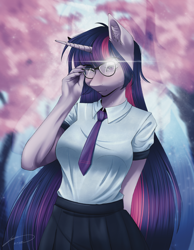 Size: 3500x4500 | Tagged: safe, artist:lunciakkk, imported from derpibooru, twilight sparkle, anthro, series:twilight wallpaper, cherry blossoms, clothes, commission, female, flower, flower blossom, glasses, meganekko, necktie, school uniform, schoolgirl, skirt, solo