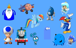 Size: 2030x1280 | Tagged: safe, edit, imported from derpibooru, rainbow dash, bird, octopus, pegasus, pony, adventure time, bloo (foster's), blue, blue background, blue m&m, blue sprixie princess, blue toad, cartoon, cartoon network, chocolate, crossover, cyan sprixie princess, dashabetes, female, food, foster's home for imaginary friends, g4, ice king, jay-jay the jet plane, jet plane, m&m's, male, mare, new super mario bros. wii, oswald, plane, simple background, sprixie princess, super mario 3d world, super mario bros., the new woody woodpecker show, thomas the tank engine, toad (mario bros), train, woodpecker, woody woodpecker, woody woodpecker (series), yang, yin yang yo!