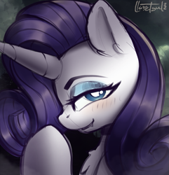 Size: 681x707 | Tagged: safe, artist:llametsul, imported from derpibooru, rarity, pony, unicorn, blushing, chest fluff, colored sketch, eyeshadow, fangs, g4, looking at you, makeup, sketch, smiling, smiling at you, solo, white pupils