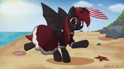 Size: 2560x1440 | Tagged: safe, artist:d3f4ult_4rt1st, imported from derpibooru, oc, oc only, alicorn, bat pony, bat pony alicorn, pony, bat wings, beach, clothes, cloud, dress, happy, horn, raised hoof, solo, spread wings, wings