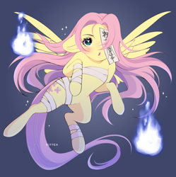 Size: 1506x1514 | Tagged: safe, artist:aniimoni, imported from derpibooru, fluttershy, pegasus, pony, undead, bandage, blushing, female, fire, floppy ears, gradient background, jiangshi, looking at you, mare, ofuda, open mouth, paper talisman, solo, spread wings, wings