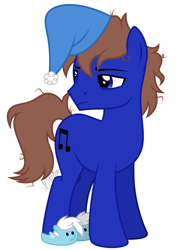 Size: 2010x2834 | Tagged: safe, artist:feather_bloom, imported from derpibooru, oc, oc only, oc:blue_skies, earth pony, pony, clothes, grumpy, hat, messy mane, nightcap, simple background, sleepy, slippers, solo, white background