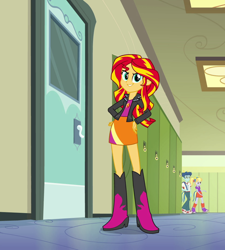 Size: 968x1076 | Tagged: safe, imported from derpibooru, screencap, curly winds, some blue guy, sunset shimmer, human, equestria girls, canterlot high, door, female, hallway, hand on hip, lockers, smugface, smugset shimmer, trio