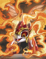 Size: 1604x2048 | Tagged: safe, artist:brdte, imported from derpibooru, daybreaker, alicorn, pony, fangs, female, fire, looking at you, mare, open mouth, open smile, smiling, solo, spread wings, wings