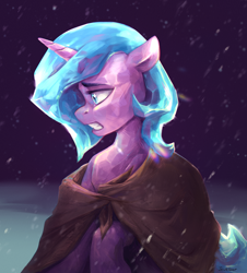 Size: 1200x1330 | Tagged: safe, artist:jewellier, idw, imported from derpibooru, radiant hope, crystal pony, unicorn, siege of the crystal empire, cloak, clothes, simple background, snow, snowfall, solo, the crystal empire 10th anniversary