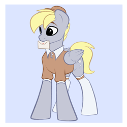 Size: 1700x1700 | Tagged: safe, artist:vetta, imported from derpibooru, derpy hooves, pegasus, pony, cute, dopey hooves, hat, letter, mouth hold, rule 63, solo