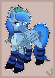 Size: 2057x2921 | Tagged: safe, artist:rokosmith26, imported from derpibooru, oc, oc only, oc:simon pegasus, bat pony, pony, bat eyes, bat pony oc, bat wings, blue, blue coat, blue eyes, blue eyeshadow, blue fur, blue mane, blue socks, border, cheek fluff, chest fluff, claws, clothes, coat markings, collar, colored wings, commission, crown, digital art, ear piercing, earring, eyeshadow, fangs, high res, jewelry, lidded eyes, long tail, makeup, male, markings, piercing, regalia, simple background, smiling, socks, solo, stallion, standing, striped background, striped mane, striped socks, striped tail, tail, two toned wings, wall of tags, watermark, wing claws, wings