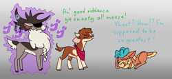 Size: 4693x2160 | Tagged: safe, artist:0xyr0, imported from derpibooru, cow, deer, reindeer, them's fightin' herds, arizona (tfh), blue text, community related, dialogue, doe, eyes closed, father and child, father and daughter, female, gradient background, gray background, green text, imminent pain, jojo's bizarre adventure, male, menacing, overprotective, papa wolf, simple background, stag, stronghoof hoofstrong (tfh), this will end in pain, this will not end well, trio, uh oh, velvet (tfh), ゴ ゴ ゴ