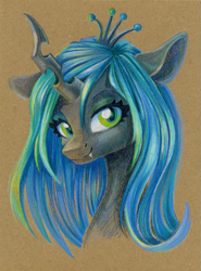 Size: 887x1200 | Tagged: safe, artist:maytee, imported from derpibooru, queen chrysalis, changeling, changeling queen, bust, colored pencil drawing, female, portrait, smiling, solo, traditional art