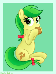 Size: 2955x3876 | Tagged: safe, artist:rainbowšpekgs, imported from derpibooru, apple fritter, earth pony, pony, apple family member, apple fritter (food), belly, belly button, bow, chubby, cute, ear fluff, eating, female, food, herbivore, mare, nom, sitting, solo