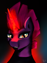 Size: 2480x3315 | Tagged: safe, artist:dsana, imported from derpibooru, tempest shadow, pony, unicorn, comic:a storm's lullaby, bust, clothes, comic cover, cover art, female, glowing, glowing horn, gradient background, gritted teeth, high res, horn, looking at you, mare, portrait, solo, teeth, three quarter view