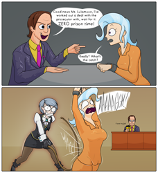 Size: 3000x3293 | Tagged: safe, artist:moonatik, imported from derpibooru, trixie, human, 2 panel comic, ace attorney, boots, breasts, clothes, coffee cup, comic, crossover, cuffs, cup, female, franziska von karma, handcuffed, humanized, male, necktie, prison outfit, saul goodman, shoes, skirt, suit, table, tights, whip, whipping