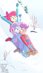 Size: 2100x3585 | Tagged: safe, artist:theretroart88, imported from derpibooru, apple bloom, scootaloo, sweetie belle, human, equestria girls, christmas, clothes, cutie mark crusaders, eyebrows, female, group, hands in the air, high res, holiday, kneeling, open mouth, open smile, pants, signature, sled, smiling, snow, sweater, trio, trio female, winter