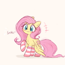 Size: 1758x1758 | Tagged: safe, artist:kqaii, imported from derpibooru, fluttershy, pegasus, pony, :3, blushing, chest fluff, clothes, cute, emanata, female, mare, raised hoof, shyabetes, simple background, socks, solo, spread wings, striped socks, text, white background, wings, wings down