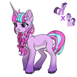 Size: 1080x1080 | Tagged: safe, artist:crumbelinadicarmello, imported from derpibooru, twilight sparkle, oc, alicorn, pony, unicorn, aqua mane, avatar maker fantasy pony, braid, facial markings, female, g4, happy, heart, heterochromia, magical lesbian spawn, mare, next generation, oc focus, offspring, pale belly, parent:starlight glimmer, parent:twilight sparkle, parents:twistarlight, pink mane, purple coat, purple eyes, simple background, smiling, solo focus, transparent background, twilight sparkle (alicorn), white belly