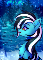 Size: 2500x3500 | Tagged: safe, artist:fluffywhirlpool, imported from derpibooru, oc, oc only, oc:purapoint, earth pony, pony, blue pony, bust, catchlights, chest fluff, commission, ear fluff, earth pony oc, evening, forest, forest background, freckles, heart, heart eyes, looking at something, male, smiling, snow, snowfall, snowflake, solo, stallion, tongue out, tree, wingding eyes, winter