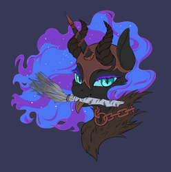 Size: 2247x2264 | Tagged: safe, artist:taytinabelle, derpibooru exclusive, imported from derpibooru, nightmare moon, alicorn, pony, armor, armored pony, bedroom eyes, birch tree, blue background, bust, chains, choker, colored eyelashes, fangs, female, fur coat, helmet, horned helmet, jewelry, krampus, looking at you, mare, mouth hold, necklace, simple background, smiling, solo, tongue out, tree, tree branch