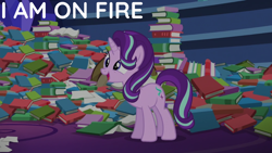 Size: 1920x1080 | Tagged: safe, edit, edited screencap, editor:quoterific, imported from derpibooru, screencap, starlight glimmer, pony, unicorn, every little thing she does, book, female, mare, open mouth, pile of books, solo, twilight's castle