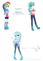 Size: 854x1192 | Tagged: safe, artist:prettycelestia, imported from twibooru, rainbow dash, oc, oc:aquamarine, equestria girls, boots, bracelet, clothes, fusion, high heel boots, image, jewelry, long pants, png, separated jakect, shoes