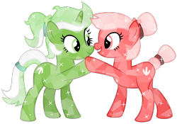 Size: 2500x1750 | Tagged: safe, artist:melisareb, derpibooru exclusive, imported from derpibooru, oc, oc only, oc:downvote, oc:upvote, crystal pony, earth pony, pony, unicorn, derpibooru, .svg available, base used, derpibooru ponified, duo, female, hoofbump, looking at each other, looking at someone, mare, meta, ponified, ponytail, simple background, smiling, svg, the crystal empire 10th anniversary, transparent background, vector