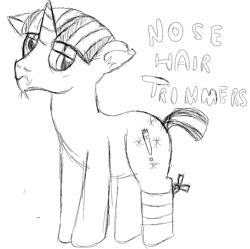 Size: 1953x1944 | Tagged: safe, artist:tigerbeetle, derpibooru exclusive, imported from derpibooru, oc, oc only, oc:nosehair trimmers, unicorn, no second prances, bandage, cutie mark, depressed, exclamation point, frown, implied cranky doodle donkey, male, scruff, short tail, simple background, sketch, spark, stallion, tail, torn ear, white background