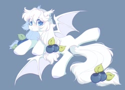 Size: 1800x1300 | Tagged: safe, artist:mirtash, imported from derpibooru, oc, oc only, bat pony, pony, blueberry, food, looking at you, smiling, solo, spread legs, spread wings, spreading, wings