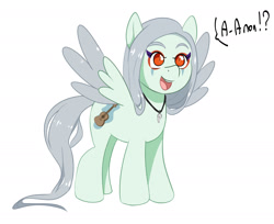 Size: 1945x1586 | Tagged: artist needed, safe, imported from twibooru, pony, dialogue, fang (goodbye volcano high), goodbye volcano high, happy, image, implied anon, jewelry, necklace, needs more jpeg, open smile, ponified, simple background, smiling, solo, spread wings, talking, white background, wings