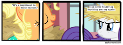 Size: 720x261 | Tagged: safe, edit, edited screencap, imported from ponybooru, screencap, applejack, rarity, earth pony, unicorn, simple ways, a softer world, applejewel, comic, female, frown, hat, mare, rarihick, screencap comic, smiling, text