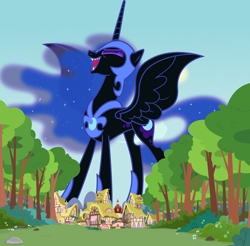 Size: 1280x1262 | Tagged: safe, artist:boneswolbach, artist:chrzanek97, imported from derpibooru, nightmare moon, alicorn, pony, armor, female, giant alicorn, giant pony, giantess, helmet, macro, mare, mega giant, mega nightmare moon, peytral, ponyville, tree