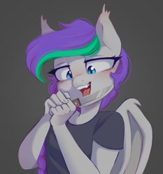 Size: 994x1067 | Tagged: safe, artist:melodylibris, imported from derpibooru, oc, oc only, oc:lony, anthro, bat pony, bat pony oc, blushing, female, gray background, knife, licking, looking at something, mare, open mouth, simple background, solo, tongue out