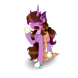 Size: 1000x1000 | Tagged: safe, artist:kathepart, imported from derpibooru, oc, oc:kathepaint, pony, unicorn, blanket, chest fluff, clothes, collar, ear fluff, freckles, long mane, messy mane, piercing, simple background, sleepy, slippers, solo, tongue piercing, transparent background, yawn