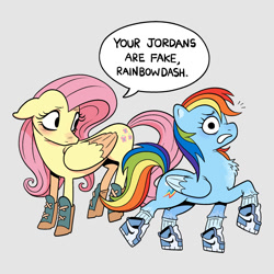 Size: 2000x2000 | Tagged: safe, artist:quazies, imported from derpibooru, fluttershy, rainbow dash, pegasus, pony, air jordans, blushing, boots, chest fluff, clothes, colored wings, colored wingtips, dialogue, duo, emanata, female, floppy ears, frown, gray background, gritted teeth, mare, monologue, nike, shoes, simple background, sneakers, socks, speech bubble, talking, teeth, wide eyes, wings