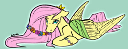 Size: 1280x497 | Tagged: safe, artist:laurabaggins, imported from derpibooru, fluttershy, pegasus, pony, bracelet, female, flower, flower in hair, green background, jewelry, lying down, mare, prone, signature, simple background, solo