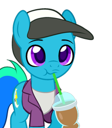 Size: 996x1132 | Tagged: safe, artist:nivimonster, imported from derpibooru, oc, oc only, oc:zodiac thunder, aries, base used, base:dianamur, baseball cap, cap, clothes, constellation, denim, denim jacket, drink, hat, jacket, lightning, male, milkshake, moon, pisces, purple eyes, simple background, symbols, transparent background, white shirt