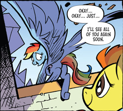 Size: 874x789 | Tagged: safe, artist:andypriceart, idw, imported from derpibooru, screencap, rainbow dash, spitfire, pegasus, pony, spoiler:comic, spoiler:comic100, broken window, butt, dialogue, eyes on the prize, i watch it for the plot, large wings, open mouth, plot, rainbutt dash, season 10, smiling, speech bubble, spread wings, text, window, wings