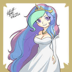 Size: 1000x1000 | Tagged: safe, artist:nlhetfield, imported from derpibooru, princess celestia, human, bare shoulders, breasts, busty princess celestia, cleavage, female, humanized, jewelry, long hair, regalia, signature, smiling, solo, white dress