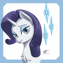 Size: 4000x4000 | Tagged: safe, artist:nlhetfield, imported from derpibooru, rarity, pony, unicorn, bust, chest fluff, cutie mark background, female, lidded eyes, mare, portrait, signature, smiling, solo