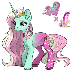 Size: 1080x1080 | Tagged: safe, artist:crumbelinadicarmello, imported from derpibooru, minty, oc, pony, unicorn, avatar maker fantasy pony, body markings, candy, facial markings, food, freckles, g3, g4, gradient legs, hair accessory, heart, holiday, long mane, magical lesbian spawn, offspring, parent:minty, parent:princess cadance, pink mane, princess, purple eyes, simple background, solo, sprinkles, transparent background, unshorn fetlocks, valentine's day, winter minty, yellow mane