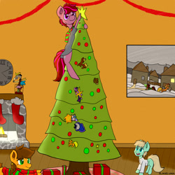 Size: 2500x2500 | Tagged: safe, artist:ilikeluna, imported from derpibooru, applejack, discord, princess celestia, princess luna, twilight sparkle, oc, alicorn, earth pony, pony, christmas, christmas stocking, christmas tree, discord lamp, fire, fireplace, high res, holiday, present, snow, tree, twilight sparkle (alicorn), window