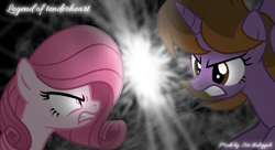 Size: 2080x1130 | Tagged: safe, artist:tanahgrogot, imported from derpibooru, oc, oc only, oc:annisa trihapsari, oc:princess kincade, alicorn, earth pony, pony, series:the legend of tenderheart, angry, black background, duo, duo female, female, fight, furious, glowing, glowing eyes, gritted teeth, ibispaint x, lightning, mare, rage, simple background, teeth, unamused, unhappy