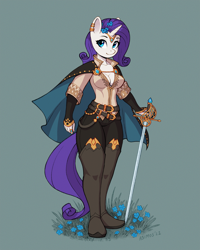 Size: 1600x2000 | Tagged: safe, artist:asimos, imported from derpibooru, rarity, anthro, plantigrade anthro, unicorn, absolute cleavage, breasts, cape, cleavage, clothes, female, flower, flower in hair, jewelry, rapier, ring, simple background, solo, sword, tiara, weapon